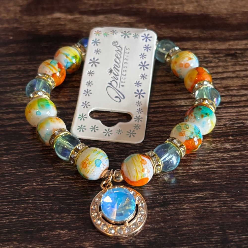 Beaded Stretch Bracelet Multi Color Splatter Rhinestone Blue‎ - Picture 4 of 5
